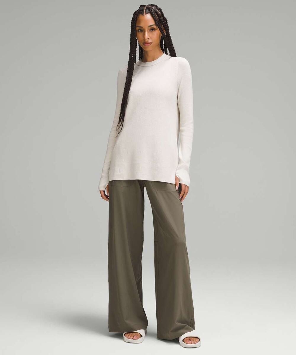Lululemon Take It All Cotton Blend Ribbed Crewneck Sweater White Beige Large